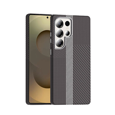 Galaxy S25 Ultra Kılıf M-safe Şarj Özellikli Karbon Fiber Görünümlü FRMS Gros Kapak - Gri-Siyah