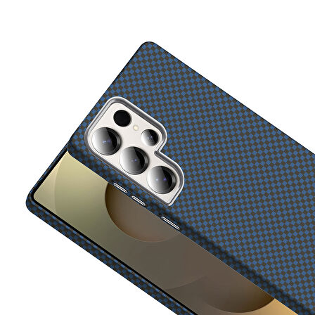 Galaxy S25 Ultra Kılıf M-safe Şarj Özellikli Karbon Fiber Görünümlü EFFX Gros Kapak - Siyah-Lacivert