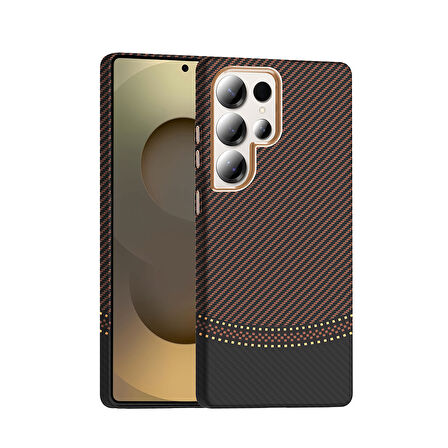 Galaxy S25 Ultra Kılıf M-safe Şarj Özellikli Karbon Fiber Görünümlü SYS Gros Kapak - Gold-Siyah