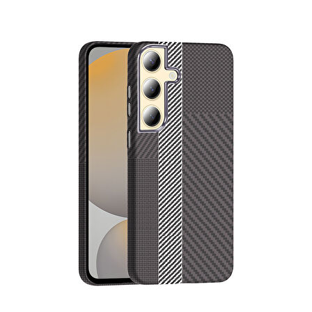Galaxy S24 Kılıf M-safe Şarj Özellikli Karbon Fiber Görünümlü İKSP Gros Kapak - Gold-Siyah