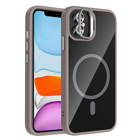 iPhone 11 Kılıf Standlı ve Kamera Lens Hediyeli M-Safe Şarj Özellikli ZYL Etro Kapak - Gri