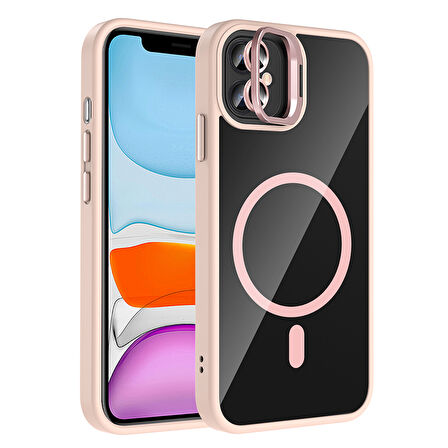 iPhone 11 Kılıf Standlı ve Kamera Lens Hediyeli M-Safe Şarj Özellikli MKST Etro Kapak - Pembe