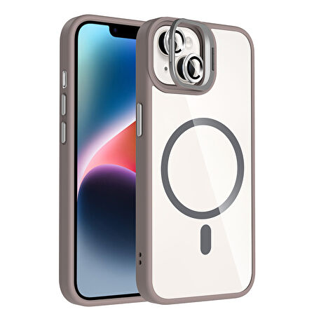 iPhone 14 Kılıf Standlı ve Kamera Lens Hediyeli M-Safe Şarj Özellikli ALT Etro Kapak - Pembe