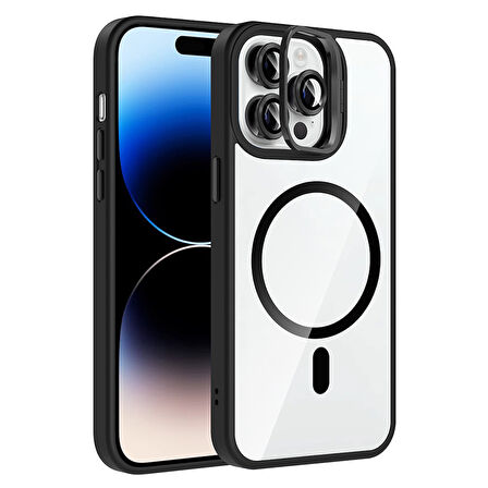 iPhone 14 Pro Max Kılıf Standlı ve Kamera Lens Hediyeli M-Safe Şarj Özellikli UCY Etro Kapak - Siya