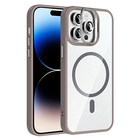 iPhone 14 Pro Max Kılıf Standlı ve Kamera Lens Hediyeli M-Safe Şarj Özellikli BLT Etro Kapak - Gri