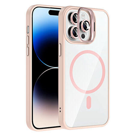 iPhone 14 Pro Max Kılıf Standlı ve Kamera Lens Hediyeli M-Safe Şarj Özellikli ALT Etro Kapak - Pemb