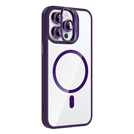 iPhone 14 Pro Max Kılıf Standlı ve Kamera Lens Hediyeli M-Safe Şarj Özellikli ALT Etro Kapak - Pemb