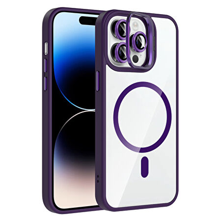 iPhone 14 Pro Max Kılıf Standlı ve Kamera Lens Hediyeli M-Safe Şarj Özellikli EFFX Etro Kapak - Deri