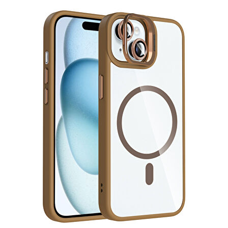 iPhone 15 Kılıf Standlı ve Kamera Lens Hediyeli M-Safe Şarj Özellikli SYS Etro Kapak - Gri