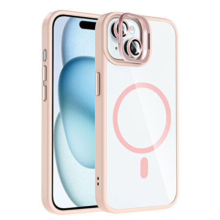 iPhone 15 Kılıf Standlı ve Kamera Lens Hediyeli M-Safe Şarj Özellikli ALT Etro Kapak - Pembe