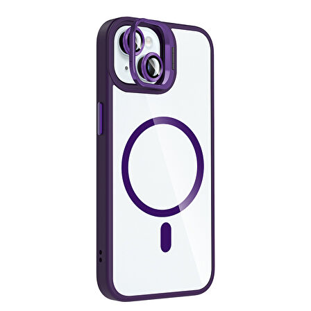 iPhone 15 Kılıf Standlı ve Kamera Lens Hediyeli M-Safe Şarj Özellikli KLFS Etro Kapak - Derin Mor