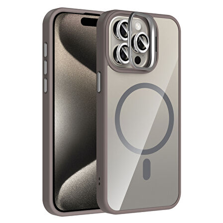 iPhone 15 Pro Kılıf Standlı ve Kamera Lens Hediyeli M-Safe Şarj Özellikli ALT Etro Kapak - Gri