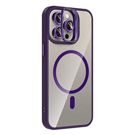iPhone 15 Pro Kılıf Standlı ve Kamera Lens Hediyeli M-Safe Şarj Özellikli ALT Etro Kapak - Gri
