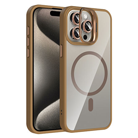 iPhone 15 Pro Kılıf Standlı ve Kamera Lens Hediyeli M-Safe Şarj Özellikli UCY Etro Kapak - Desert T