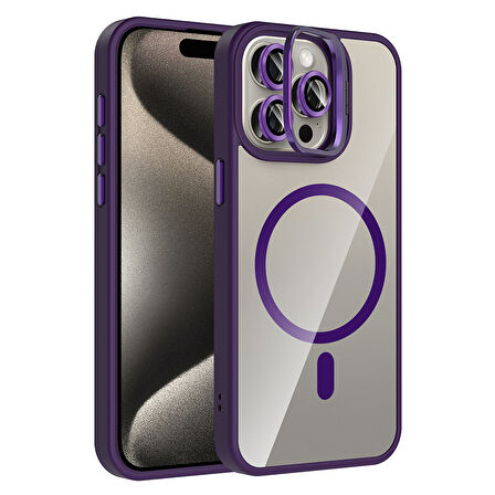 iPhone 15 Pro Kılıf Standlı ve Kamera Lens Hediyeli M-Safe Şarj Özellikli ZYL Etro Kapak - Derin Mo