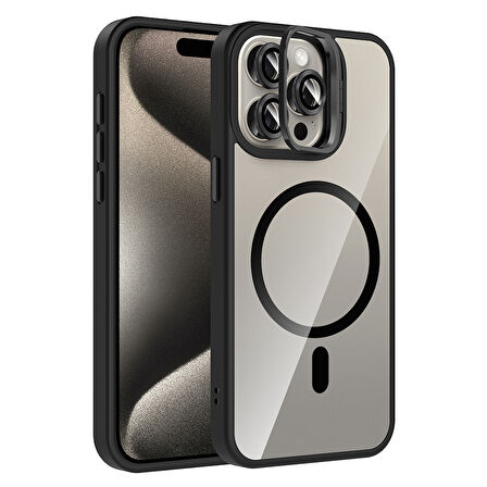 iPhone 15 Pro Max Kılıf Standlı ve Kamera Lens Hediyeli Kablosuz Şarj Özellikli Etro Kapak