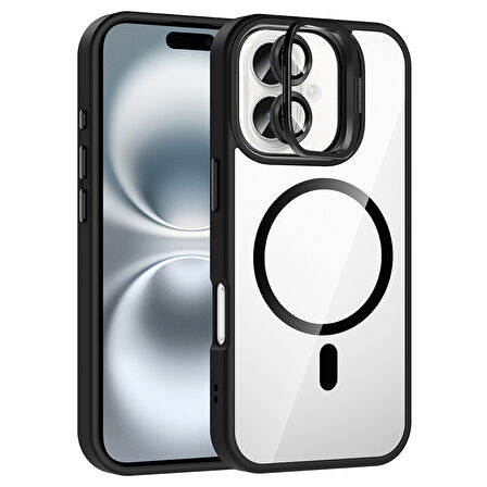 iPhone 16 Kılıf Standlı ve Kamera Lens Hediyeli M-Safe Şarj Özellikli EFFX Etro Kapak - Siyah