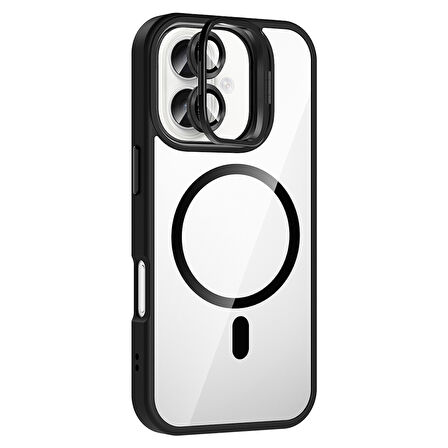 iPhone 16 Kılıf Standlı ve Kamera Lens Hediyeli M-Safe Şarj Özellikli EFFX Etro Kapak - Siyah