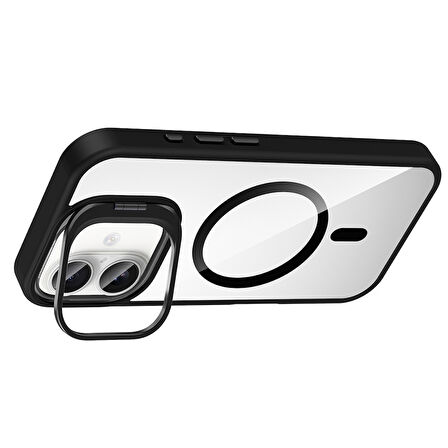 iPhone 16 Kılıf Standlı ve Kamera Lens Hediyeli M-Safe Şarj Özellikli EFFX Etro Kapak - Siyah