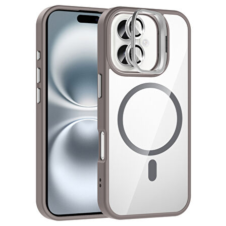 iPhone 16 Plus Kılıf Standlı ve Kamera Lens Hediyeli M-Safe Şarj Özellikli SYS Etro Kapak - Gri