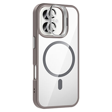 iPhone 16 Plus Kılıf Standlı ve Kamera Lens Hediyeli M-Safe Şarj Özellikli SYS Etro Kapak - Gri