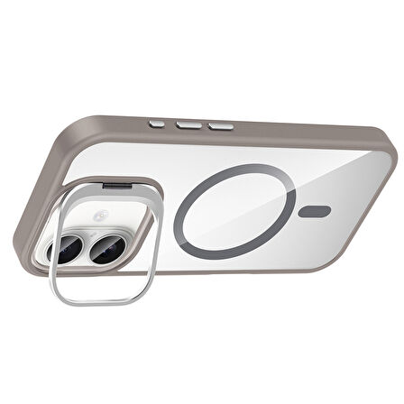 iPhone 16 Plus Kılıf Standlı ve Kamera Lens Hediyeli M-Safe Şarj Özellikli ALT Etro Kapak - Pembe