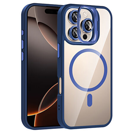 iPhone 16 Pro Kılıf Standlı ve Kamera Lens Hediyeli M-Safe Şarj Özellikli SYS Etro Kapak - Derin Mo