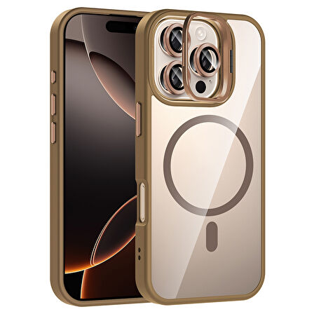 iPhone 16 Pro Max Kılıf Standlı ve Kamera Lens Hediyeli M-Safe Şarj Özellikli MXSP Etro Kapak - Siya