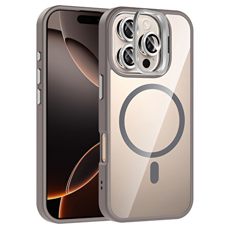 iPhone 16 Pro Max Kılıf Standlı ve Kamera Lens Hediyeli M-Safe Şarj Özellikli MXSP Etro Kapak - Gri