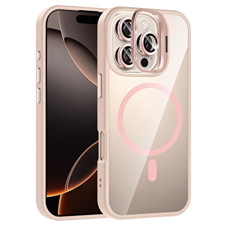 iPhone 16 Pro Max Kılıf Standlı ve Kamera Lens Hediyeli M-Safe Şarj Özellikli MXSP Etro Kapak - Pemb