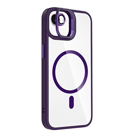 iPhone 16E Kılıf Standlı ve Kamera Lens Hediyeli M-Safe Şarj Özellikli FRMS Etro Kapak - Gri