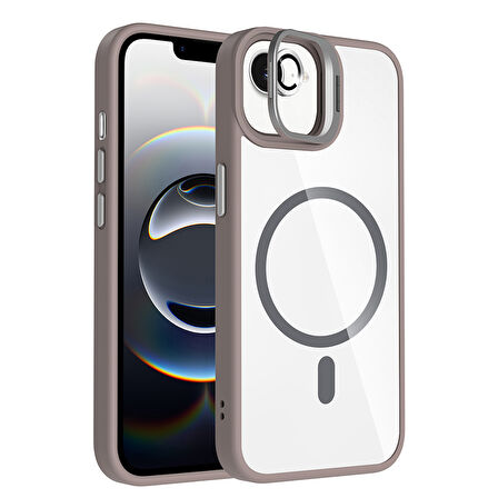 iPhone 16E Kılıf Standlı ve Kamera Lens Hediyeli M-Safe Şarj Özellikli MKST Etro Kapak - Gri