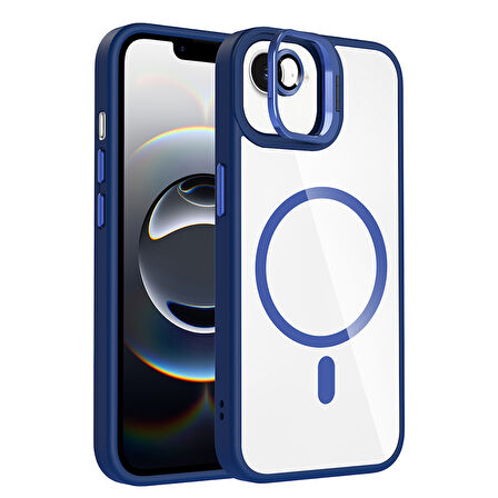 iPhone 16E Kılıf Standlı ve Kamera Lens Hediyeli M-Safe Şarj Özellikli ZYL Etro Kapak - Lacivert