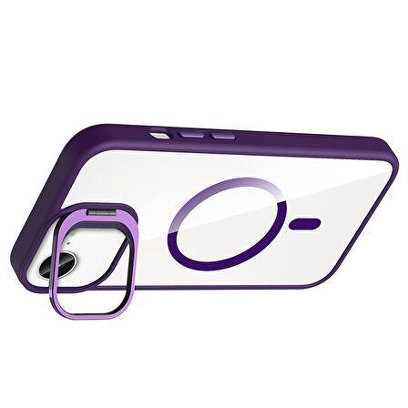 iPhone 16E Kılıf Standlı ve Kamera Lens Hediyeli M-Safe Şarj Özellikli FRMS Etro Kapak - Pembe