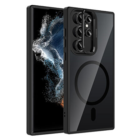 Galaxy S22 Ultra Kılıf Standlı ve Kamera Lens Hediyeli M-Safe Şarj Özellikli FRMS Etro Kapak - Siyah