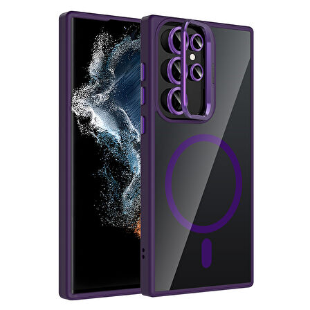 Galaxy S22 Ultra Kılıf Standlı ve Kamera Lens Hediyeli M-Safe Şarj Özellikli MKST Etro Kapak - Derin