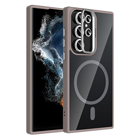 Galaxy S23 Ultra Kılıf Standlı ve Kamera Lens Hediyeli M-Safe Şarj Özellikli EFFX Etro Kapak - Gri