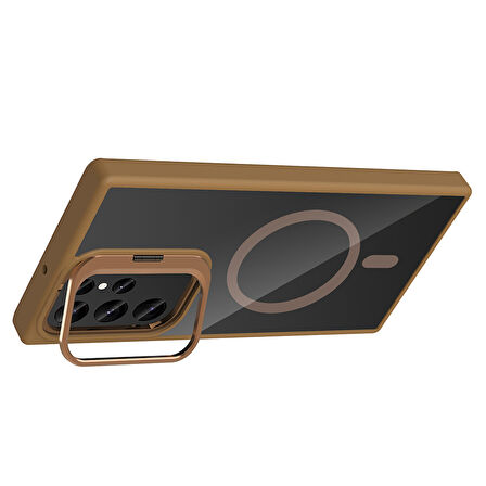 Galaxy S23 Ultra Kılıf Standlı ve Kamera Lens Hediyeli M-Safe Şarj Özellikli EFFX Etro Kapak - Gri