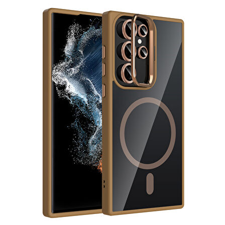 Galaxy S23 Ultra Kılıf Standlı ve Kamera Lens Hediyeli M-Safe Şarj Özellikli EFFX Etro Kapak - Deser