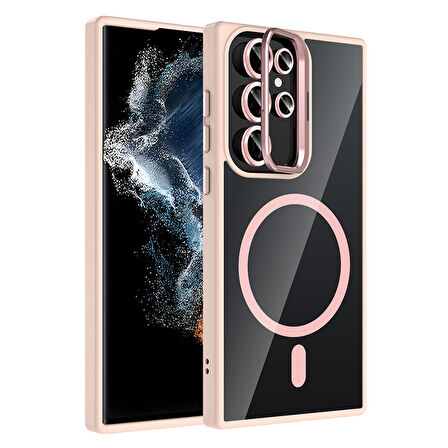 Galaxy S23 Ultra Kılıf Standlı ve Kamera Lens Hediyeli M-Safe Şarj Özellikli EFFX Etro Kapak - Pembe