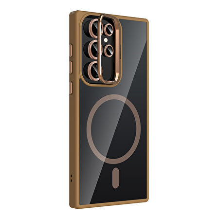 Galaxy S23 Ultra Kılıf Standlı ve Kamera Lens Hediyeli M-Safe Şarj Özellikli MKST Etro Kapak - Pembe