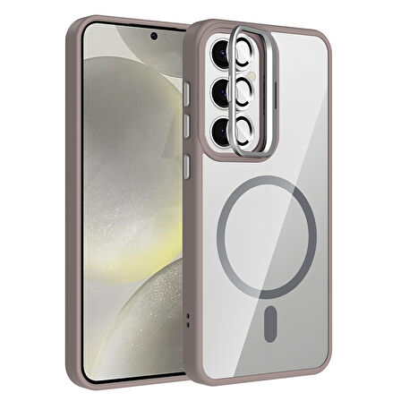 Galaxy S24 FE Kılıf Standlı ve Kamera Lens Hediyeli M-Safe Şarj Özellikli FRMS Etro Kapak - Gri