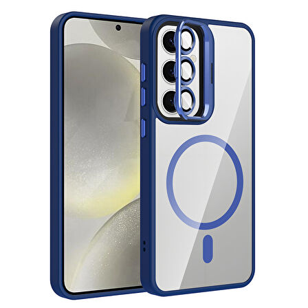 Galaxy S24 FE Kılıf Standlı ve Kamera Lens Hediyeli M-Safe Şarj Özellikli ALT Etro Kapak - Lacivert