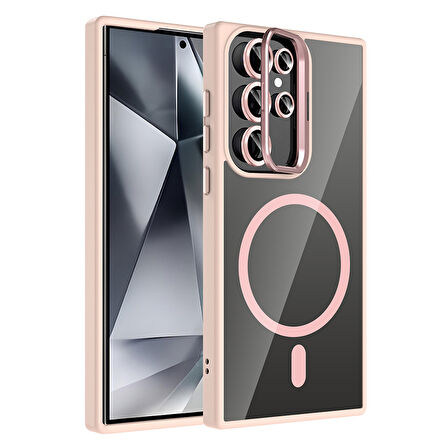 Galaxy S24 Ultra Kılıf Standlı ve Kamera Lens Hediyeli M-Safe Şarj Özellikli ZYL Etro Kapak - Pembe