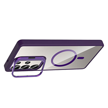 Galaxy S25 Ultra Kılıf Standlı ve Kamera Lens Hediyeli M-Safe Şarj Özellikli ALT Etro Kapak - Siyah