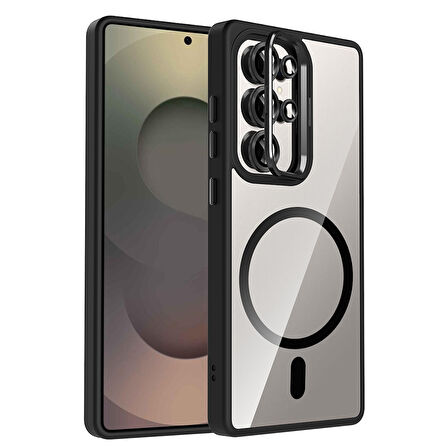 Galaxy S25 Ultra Kılıf Standlı ve Kamera Lens Hediyeli M-Safe Şarj Özellikli FRMS Etro Kapak - Siyah