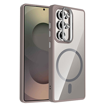 Galaxy S25 Ultra Kılıf Standlı ve Kamera Lens Hediyeli M-Safe Şarj Özellikli FRMS Etro Kapak - Siyah