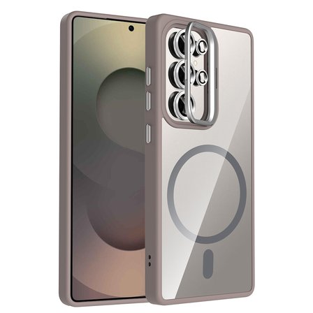 Galaxy S25 Ultra Kılıf Standlı ve Kamera Lens Hediyeli M-Safe Şarj Özellikli ALT Etro Kapak - Gri