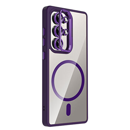 Galaxy S25 Ultra Kılıf Standlı ve Kamera Lens Hediyeli M-Safe Şarj Özellikli SYS Etro Kapak - Pembe