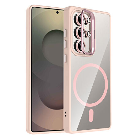 Galaxy S25 Ultra Kılıf Standlı ve Kamera Lens Hediyeli M-Safe Şarj Özellikli UCY Etro Kapak - Pembe